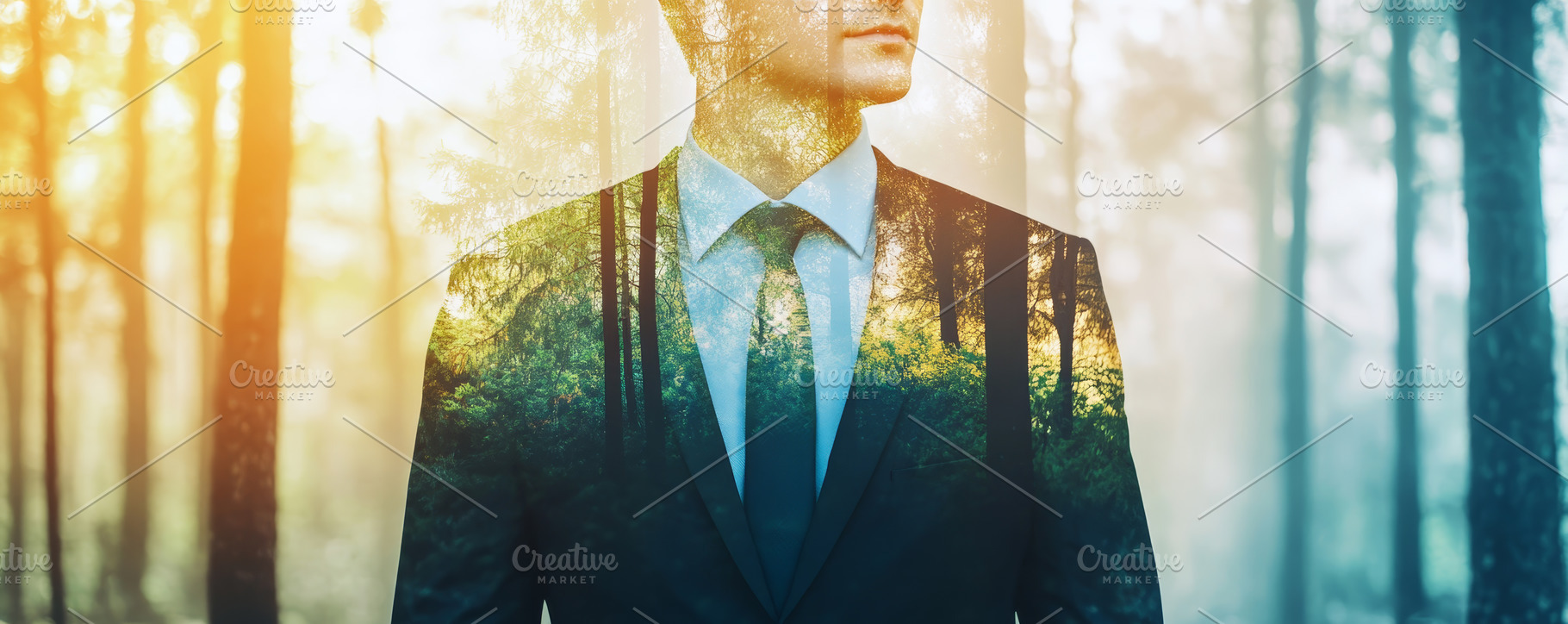 Double Exposure of Man in Suit with Forest Scene, an Abstract Photo by Natalia Klenova's Shop