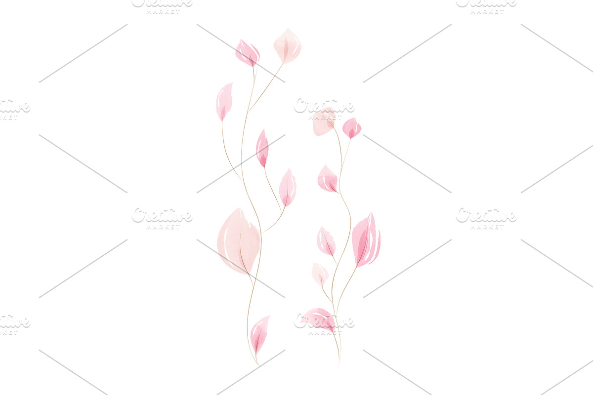 Delicate pink watercolor leaves set, an Illustration by okskukuruza