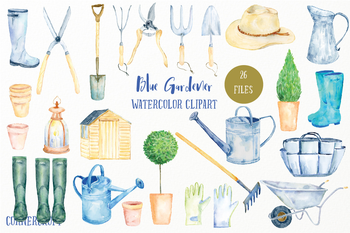 Watercolor Clipart Blue Gardener, an Illustration by Corner Croft (Photo 2 of 4)