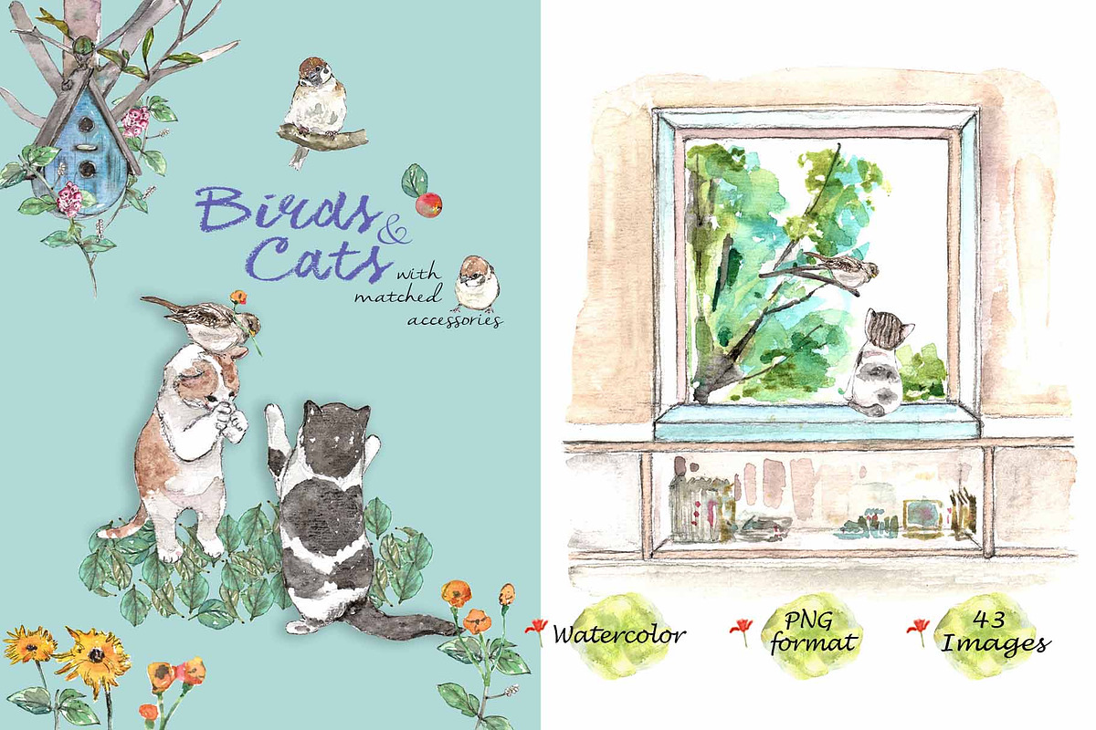 Birds & Cats-Watercolor Clipart, an Animal Illustration by VianneArt (Photo 1 of 9)