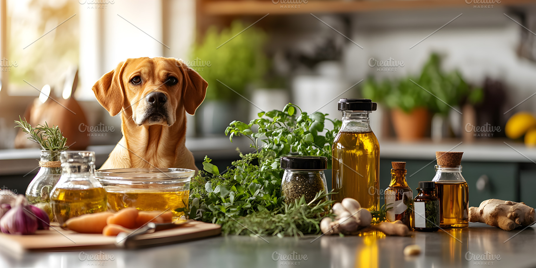 Dog in kitchen with herbs and natura, an Animal Photo by Photostock