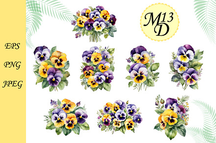 Set of 16 watercolor pansy