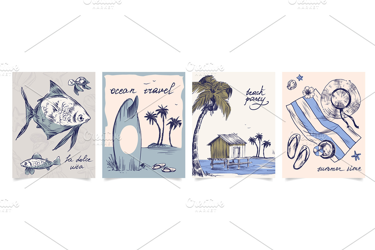 Vintage sketch beach postcards set, an Illustration by art PVP - market