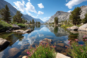 Serene mountain lake reflecting lush pine trees under a clear blue sky in a tra, a Nature Photo by AlyaAnd