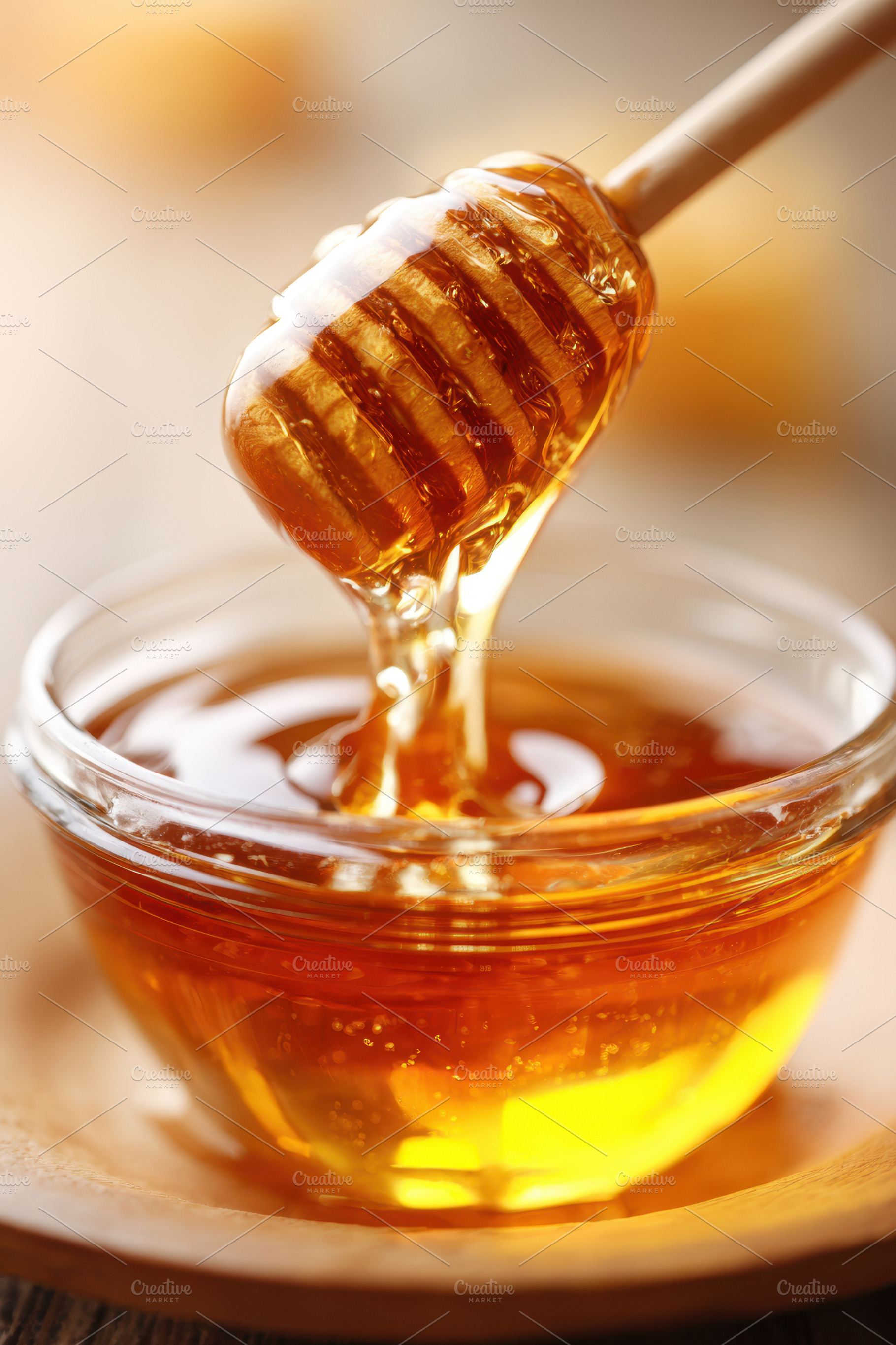 Honey jar with wooden dipper dripping honey, a Food & Drink Photo by AlyaAnd