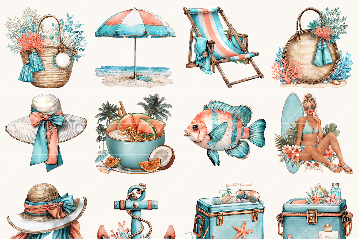 Watercolor Sun Kissed Summer Beach, a Seasonal Illustration by BusyDaydesign (Photo 2 of 9)