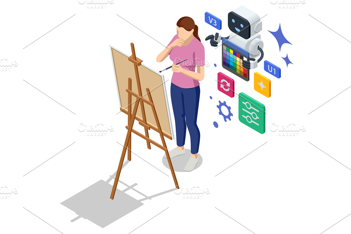 AI art assistant. Isometric AI robot, a Technology Illustration by Golden Sikorka