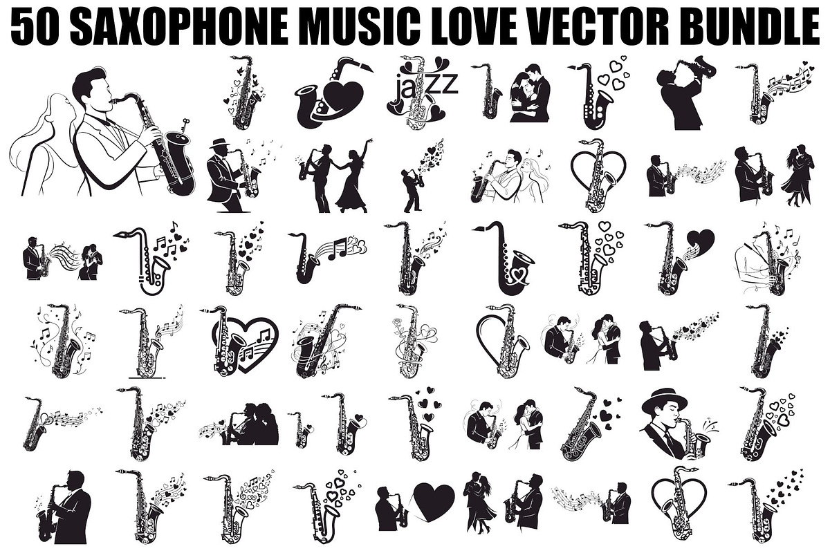 Saxophone Music Love Vector Bundle, an Illustration by Designs_River (Photo 1 of 51)