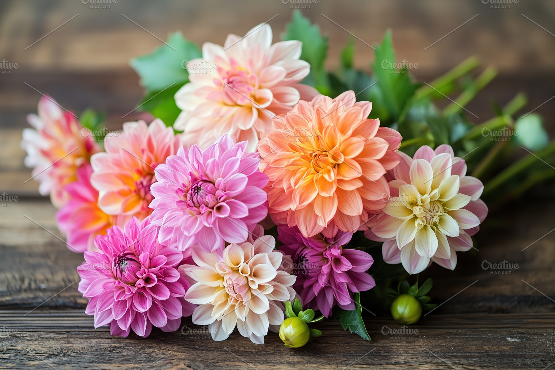 Vibrant pink, orange, and white dahlia bouquet arranged on a rustic wooden surf, a Nature Photo by AlyaAnd
