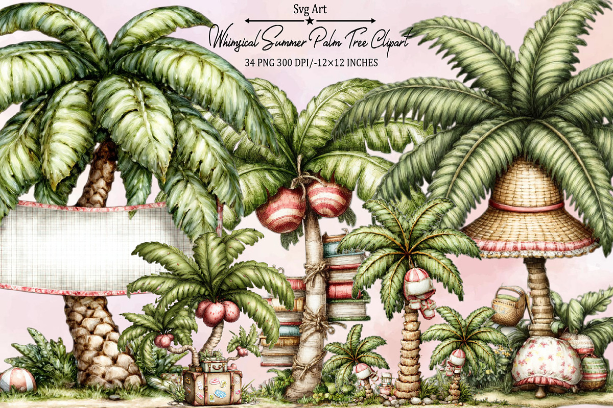 Whimsical Summer Palm Tree Clipart B, an Illustration by SVGArt (Photo 1 of 9)