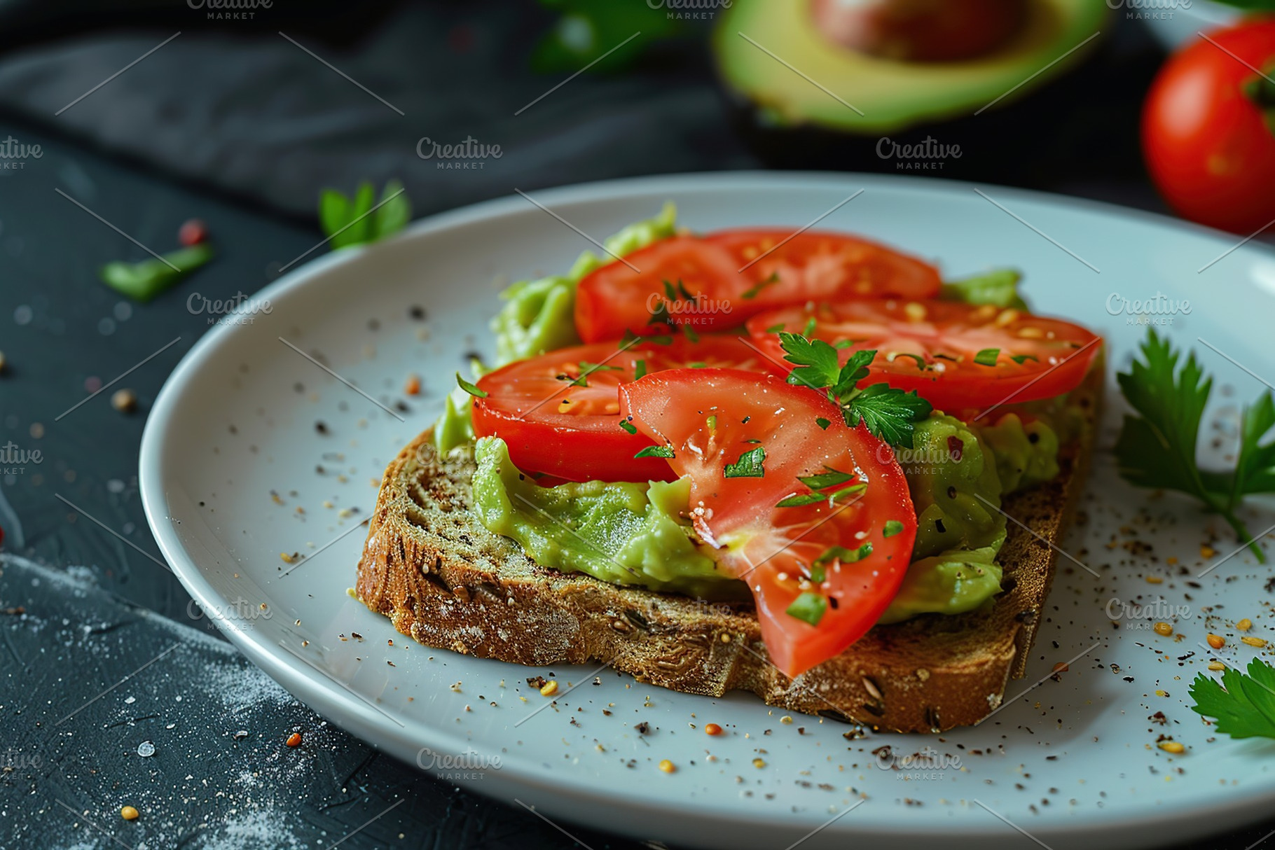 Toast bread with avocado puree and tomatoes. Vegetarian food., a Food & Drink Photo by AlyaAnd
