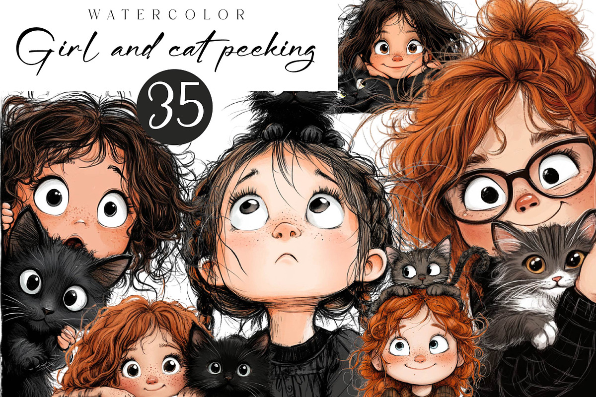 Quirky Girl and Cat Peeking Clipart, an Illustration by CreationArt (Photo 1 of 6)