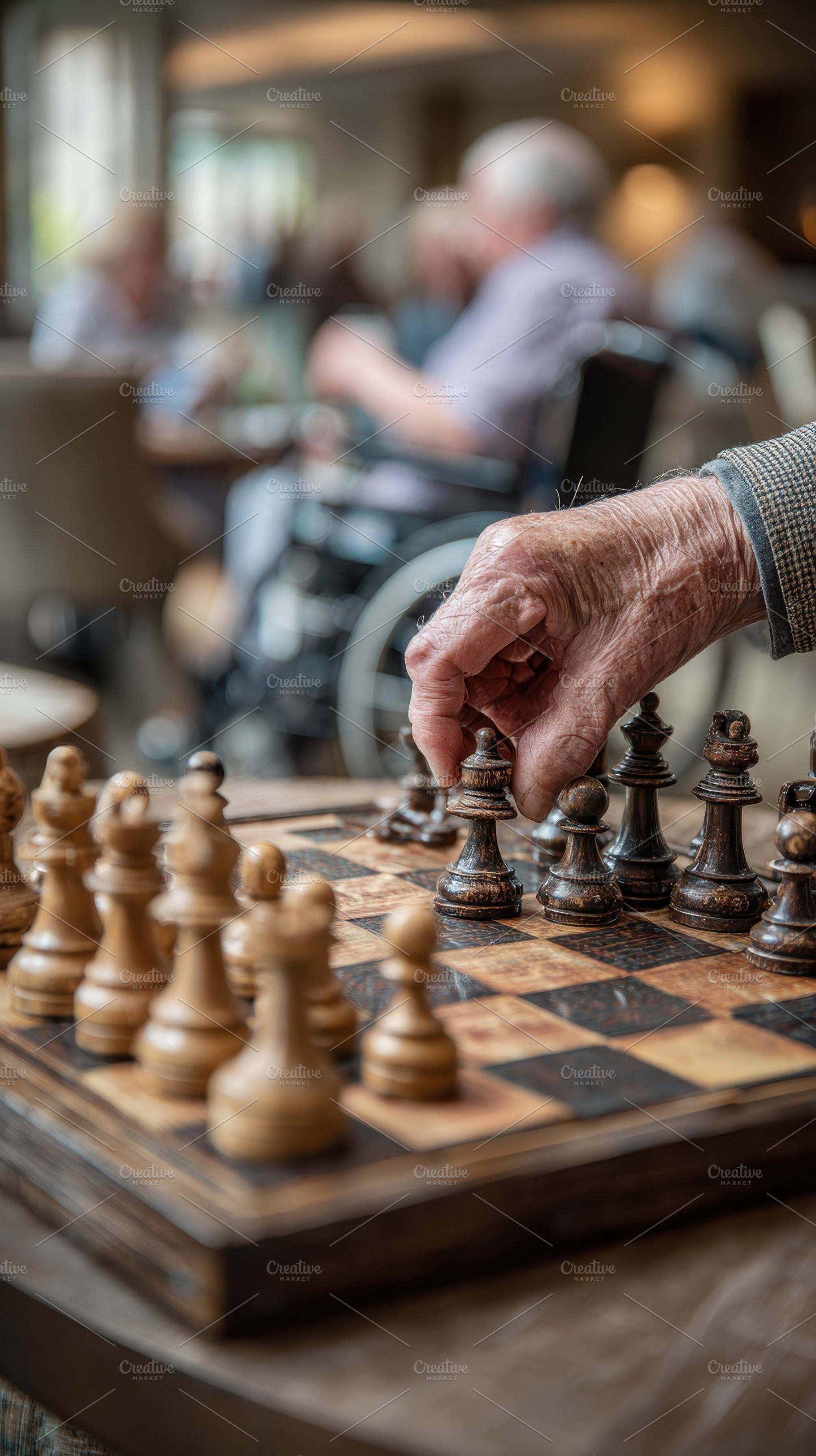 Elderly man playing chess in a retir, a Photo by Pixeness Studio