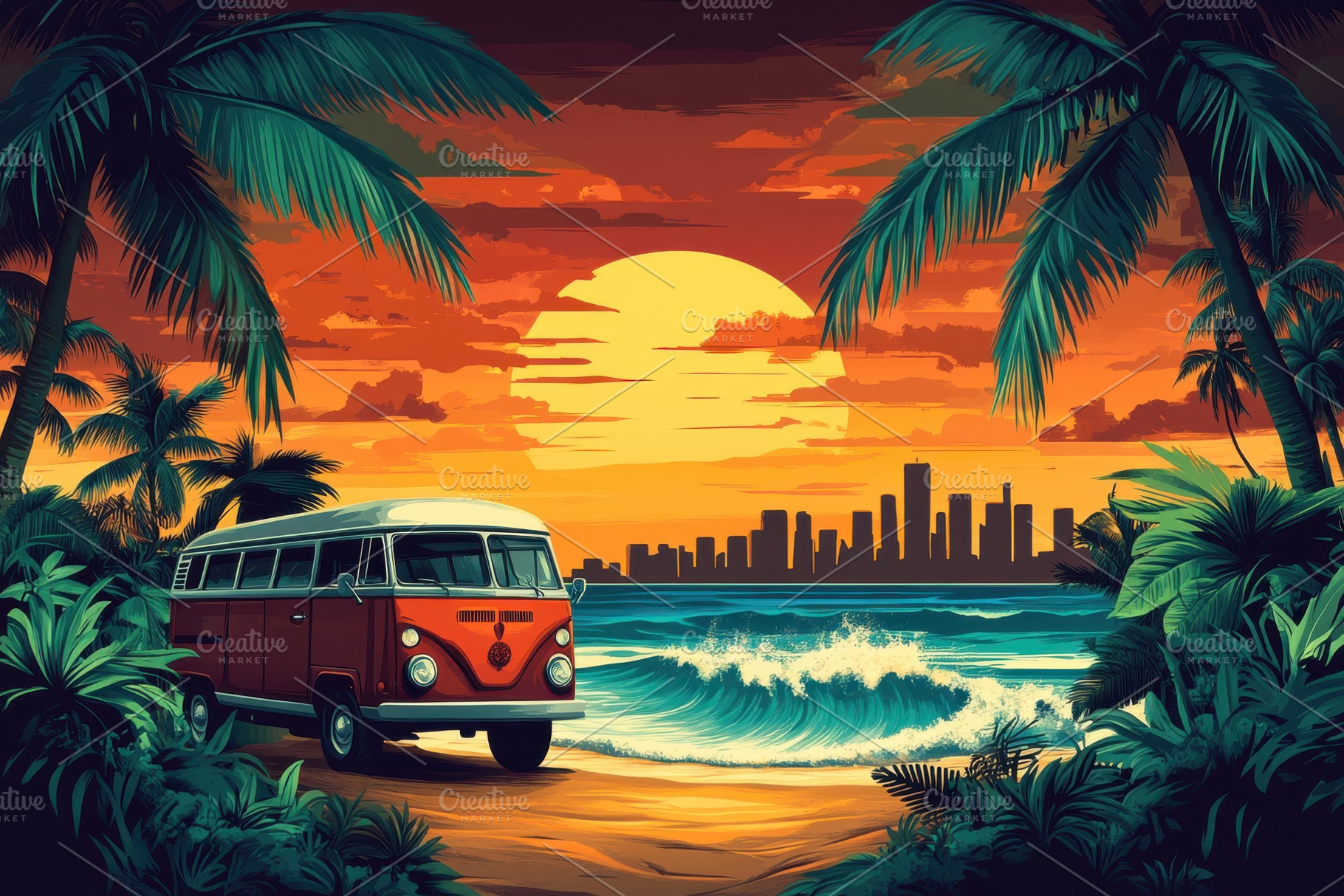 Vintage VW Bus Tropical Beach Sunset, a Photo by Pixeness Studio