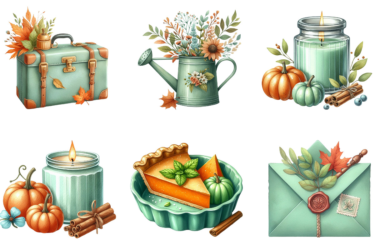 Mint Green Autumn Clipart PNG, an Illustration by DreamArtGraphic (Photo 3 of 4)