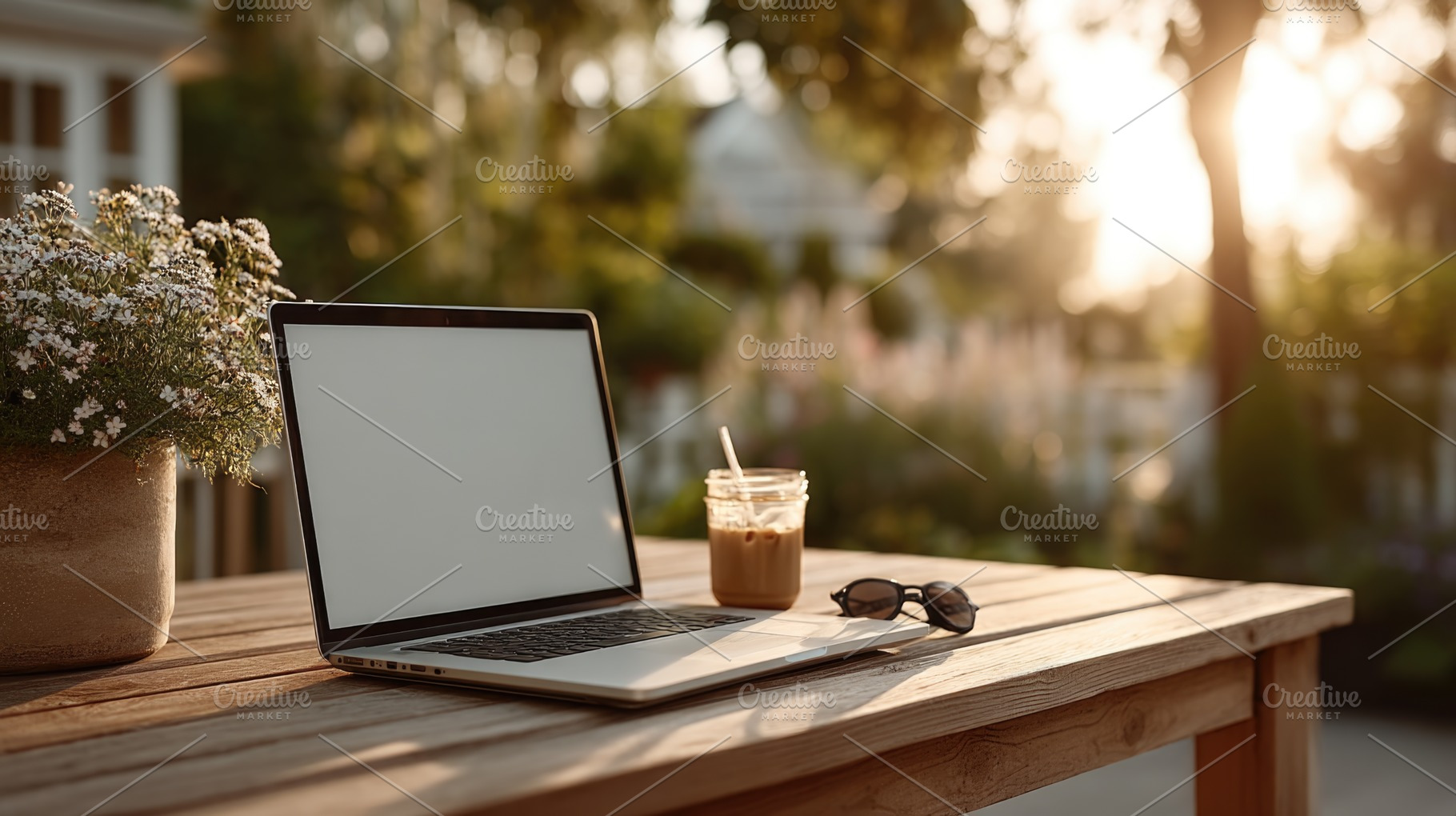 Outdoor laptop workspace with blank screen, iced coffee and gard, a Beauty & Fashion Photo by José Manuel Gelpi