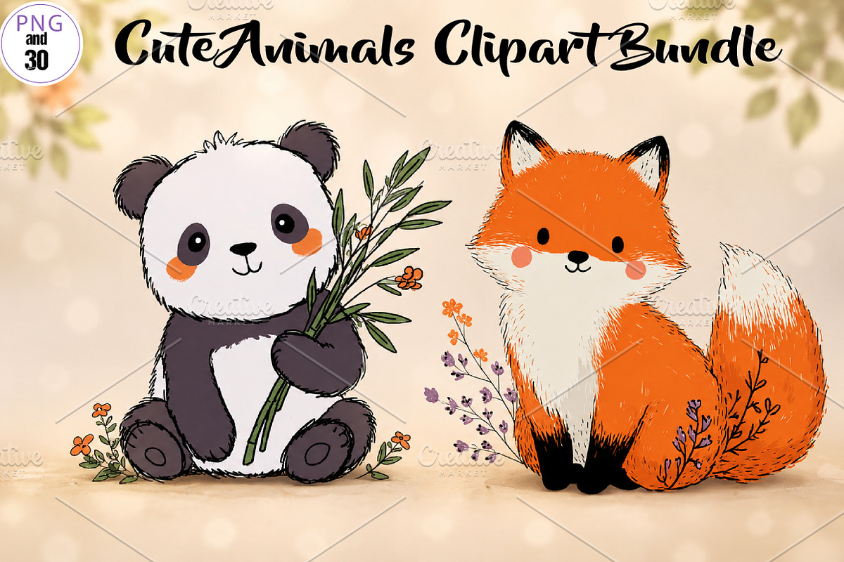 Cute Animals Clipart Bundle, a Seasonal Illustration by CreationArt (Photo 1 of 7)