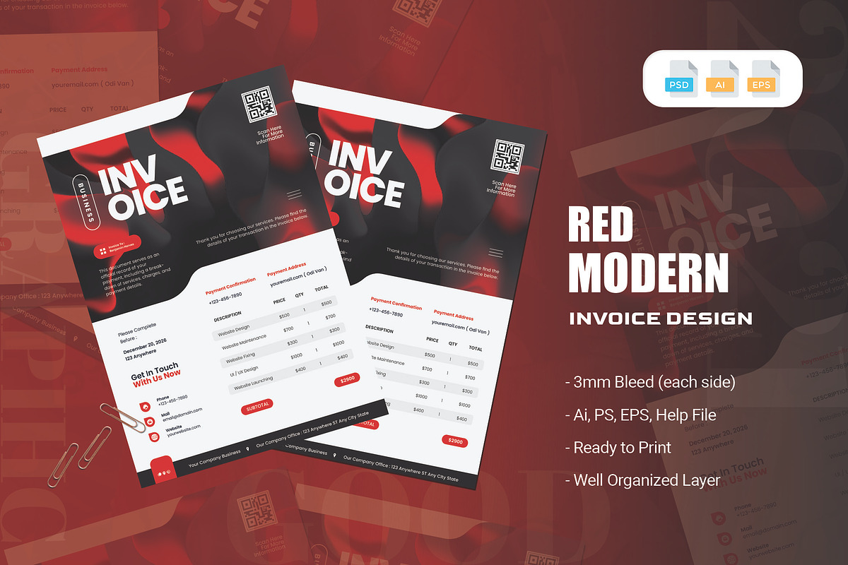 Red Modern - Invoice, a Stationery Template by AQR Studio (Photo 1 of 2)