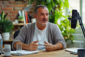 Cozy podcast chat in studio, a Photo by Beautiful things