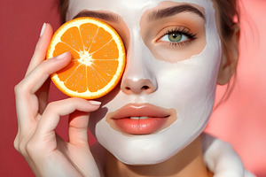 Woman with Face Mask Holding Orange, a Beauty & Fashion Photo by Stock Shape
