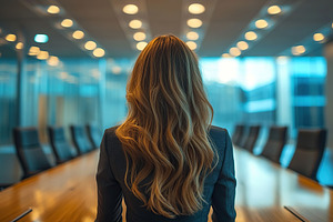 Attractive businesswoman looking at camera in business office, a Photo by AlyaAnd