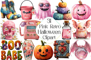 Pink Retro Halloween Clipart Bundle, an Illustration by DreamPrint404