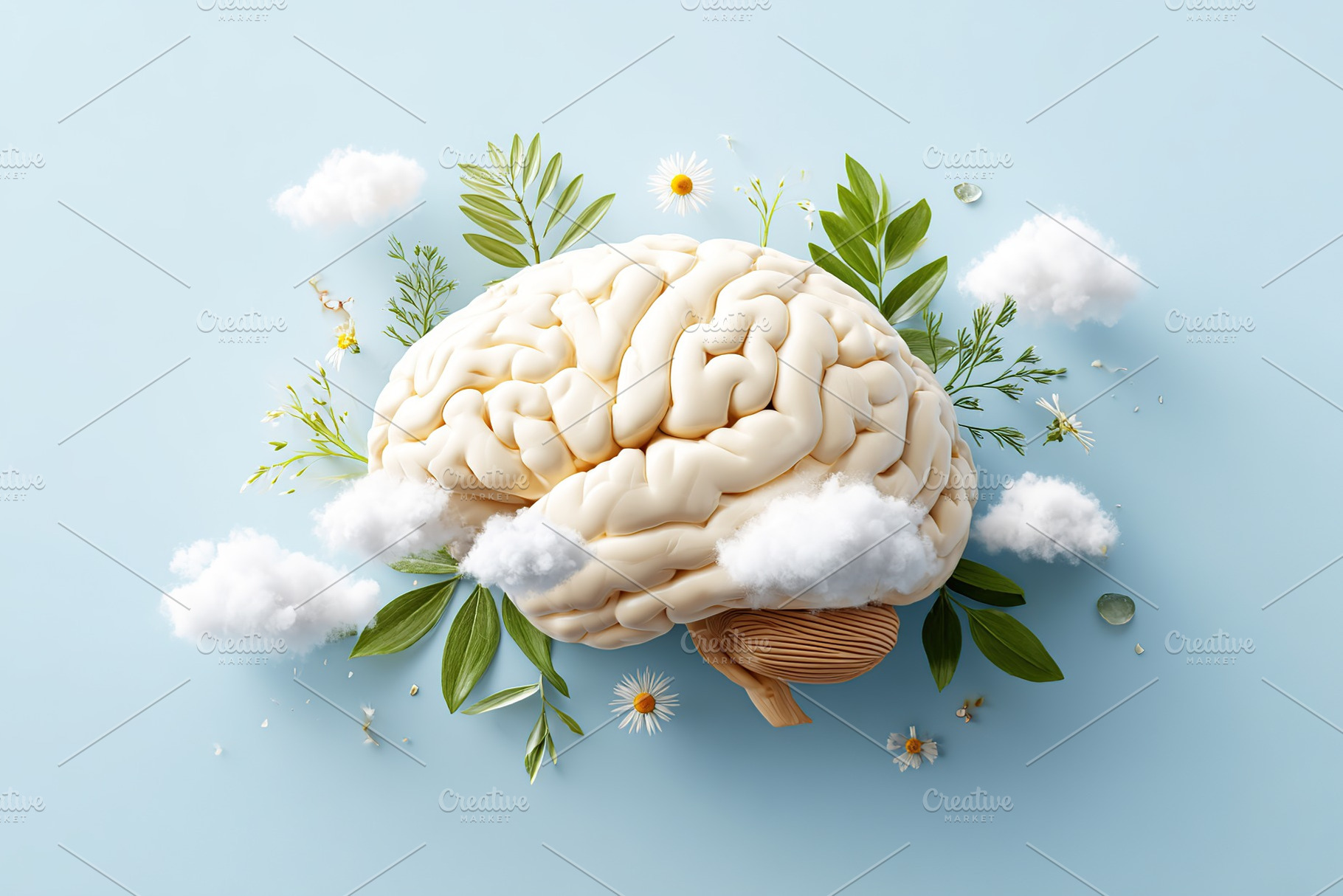 Brain surrounded by clouds, flowers, and leaves on a soft blue background in a, a Health & Medical Photo by AlyaAnd