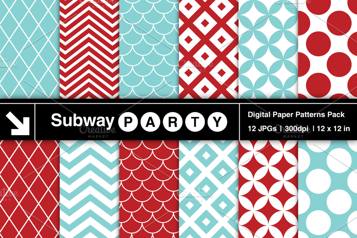 Aqua Red Retro Geometric Papers