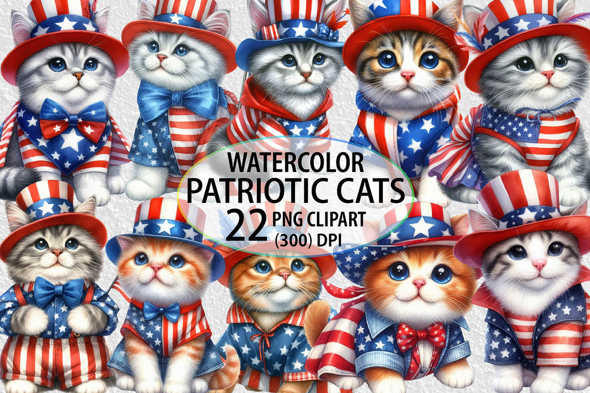 Watercolor Patriotic Cat PNG Clipart, an Animal Illustration by Craft Nest (Photo 1 of 4)
