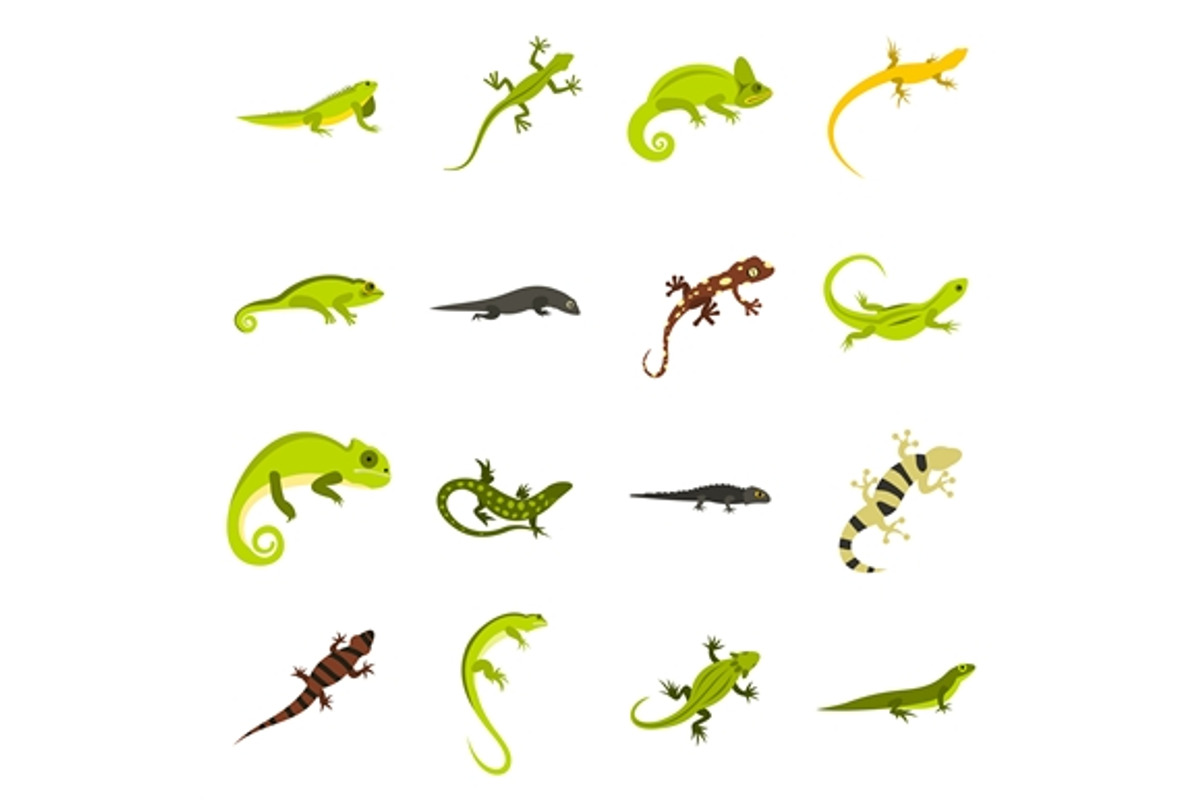 Lizard icons set, flat style, an Outline Icon by Ylivdesign