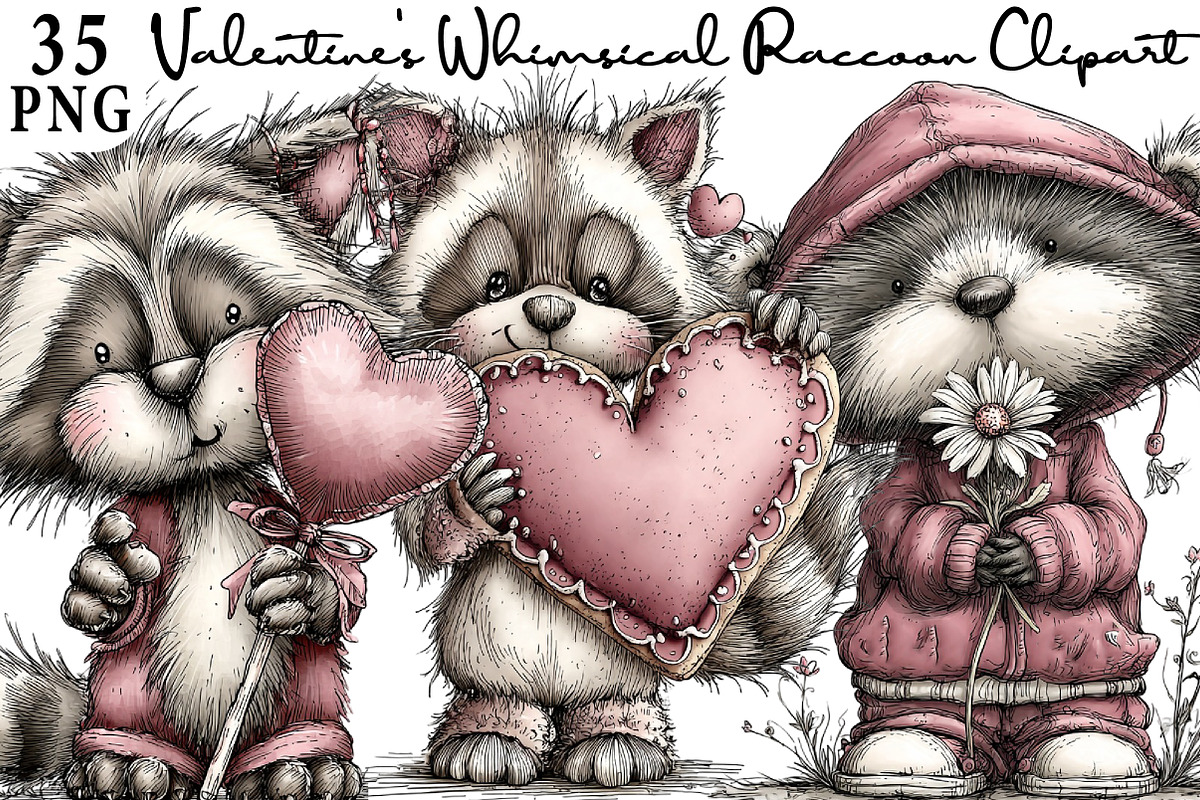 Valentine's Whimsical Raccoon Clipar, an Illustration by Daily.Designs (Photo 1 of 8)