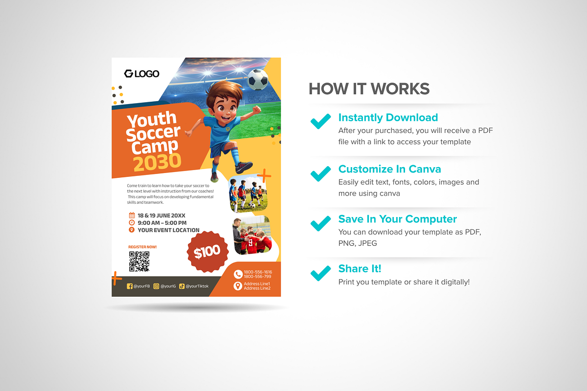 Canva Youth Soccer Camp Flyer, a Flyer Template by antyalias store (Photo 3 of 5)