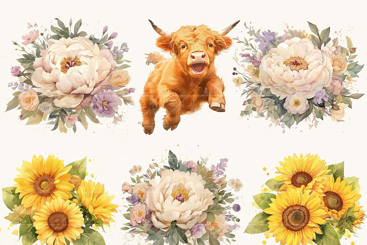 Watercolor Highland Cows Clipart, an Animal Illustration by BusyDaydesign (Photo 3 of 8)