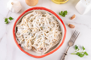 Creamy Spaghetti Pasta with high-protein Greek Yogurt Alfredo Sa, a Food & Drink Photo by Rimma