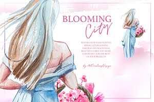 Watercolor Blooming City Clipart Set