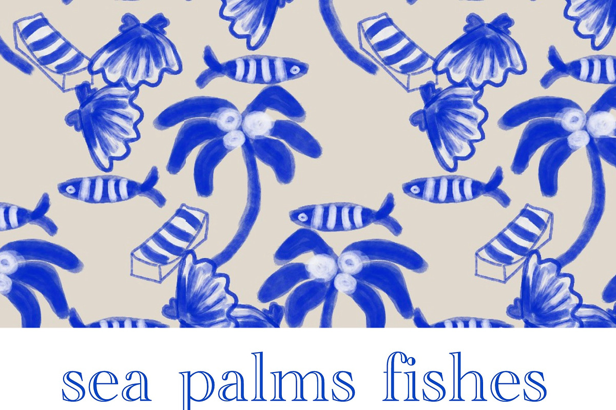 Blue white palms fishes, a Pattern Graphic by Nocito Design (Photo 6 of 8)
