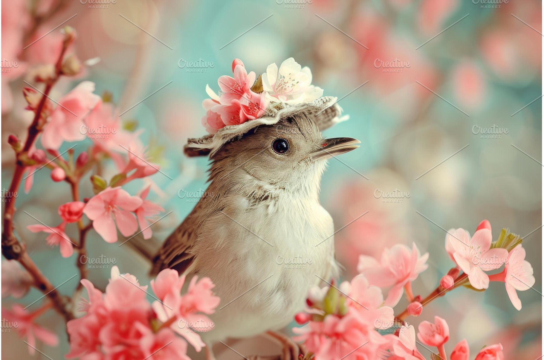 Bird flower hat. Generate Ai, an Animal Photo by Ylivdesign
