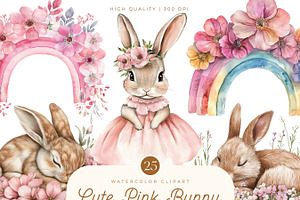 Watercolor Pink Bunny Clipart Bundle, an Animal Illustration by SparkyDesignsUS