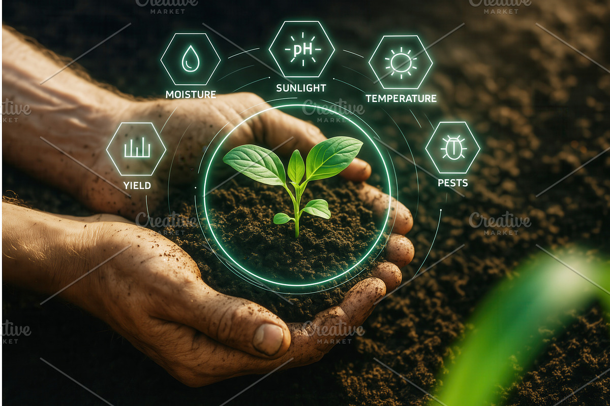Hands holding a small plant with, an Object Illustration by Sergey Kotenev