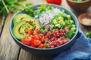 Healthy poke bowl with rice and vegetables, a Food & Drink Photo by AlyaAnd