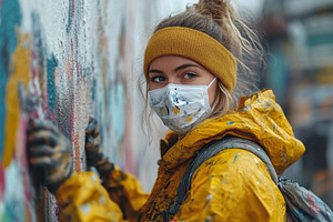 Young woman in yellow jacket creates, a Photo by Tanuart