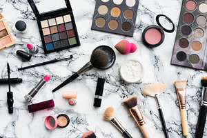 Woman Beauty Makeup Set on Marble