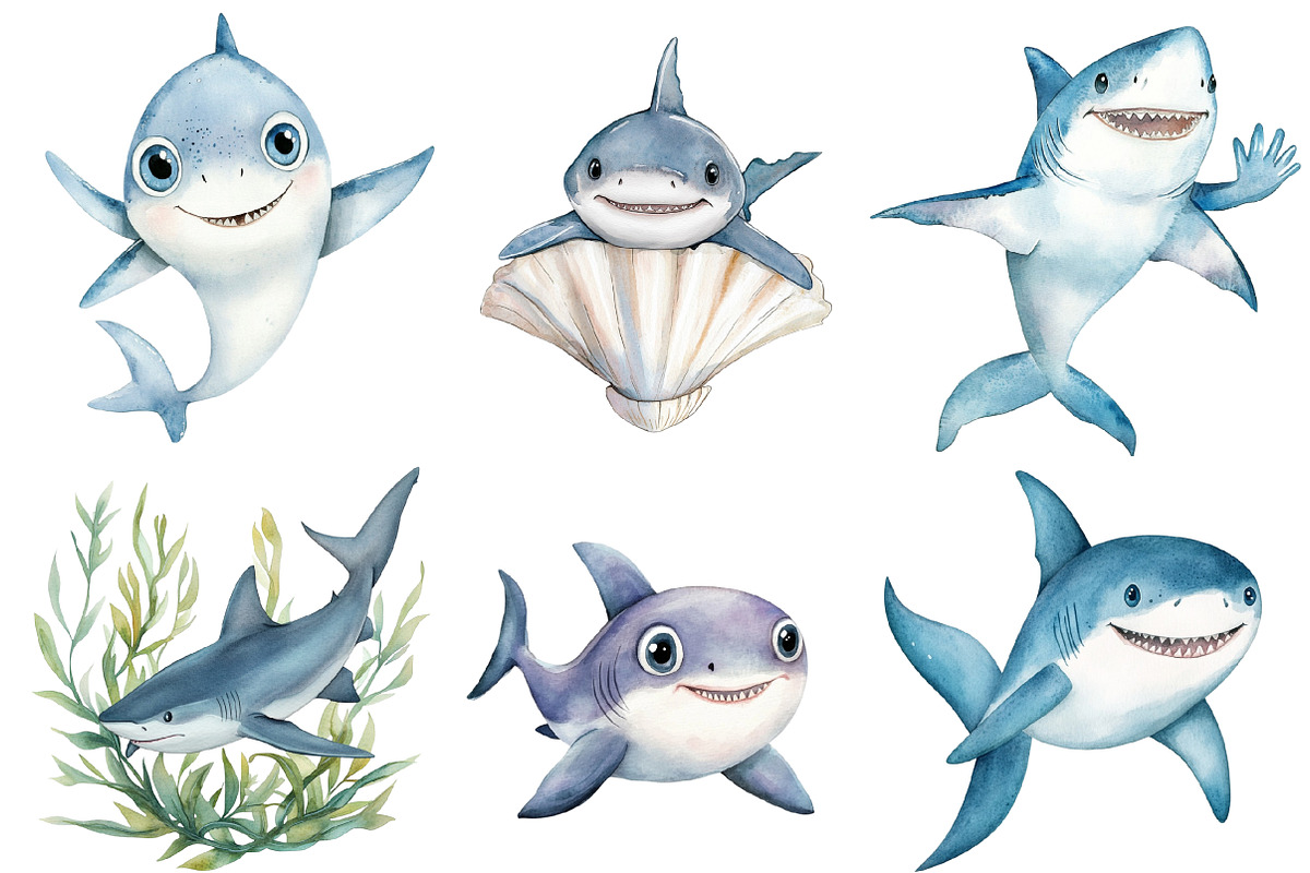 Watercolor Sharks Clipart PNG, an Illustration by SinaCreation (Photo 2 of 5)