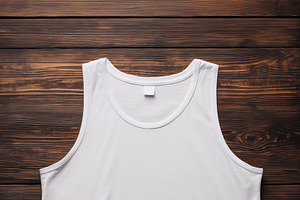 A plain white tank top mockup laid flat on a wooden surface, showcasing its sim