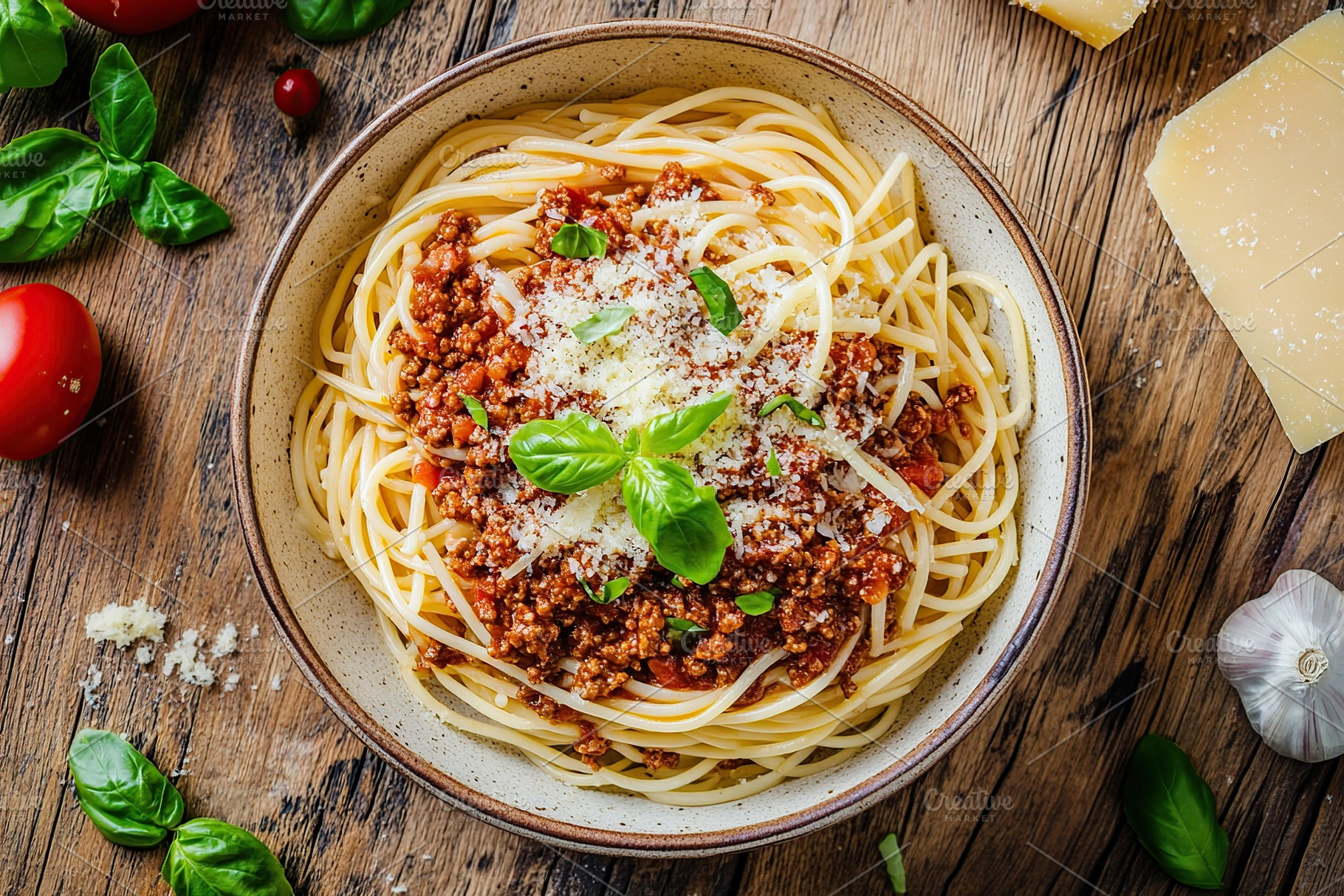 Spaghetti bolognese with ground beef in plate, a Food & Drink Photo by AlyaAnd