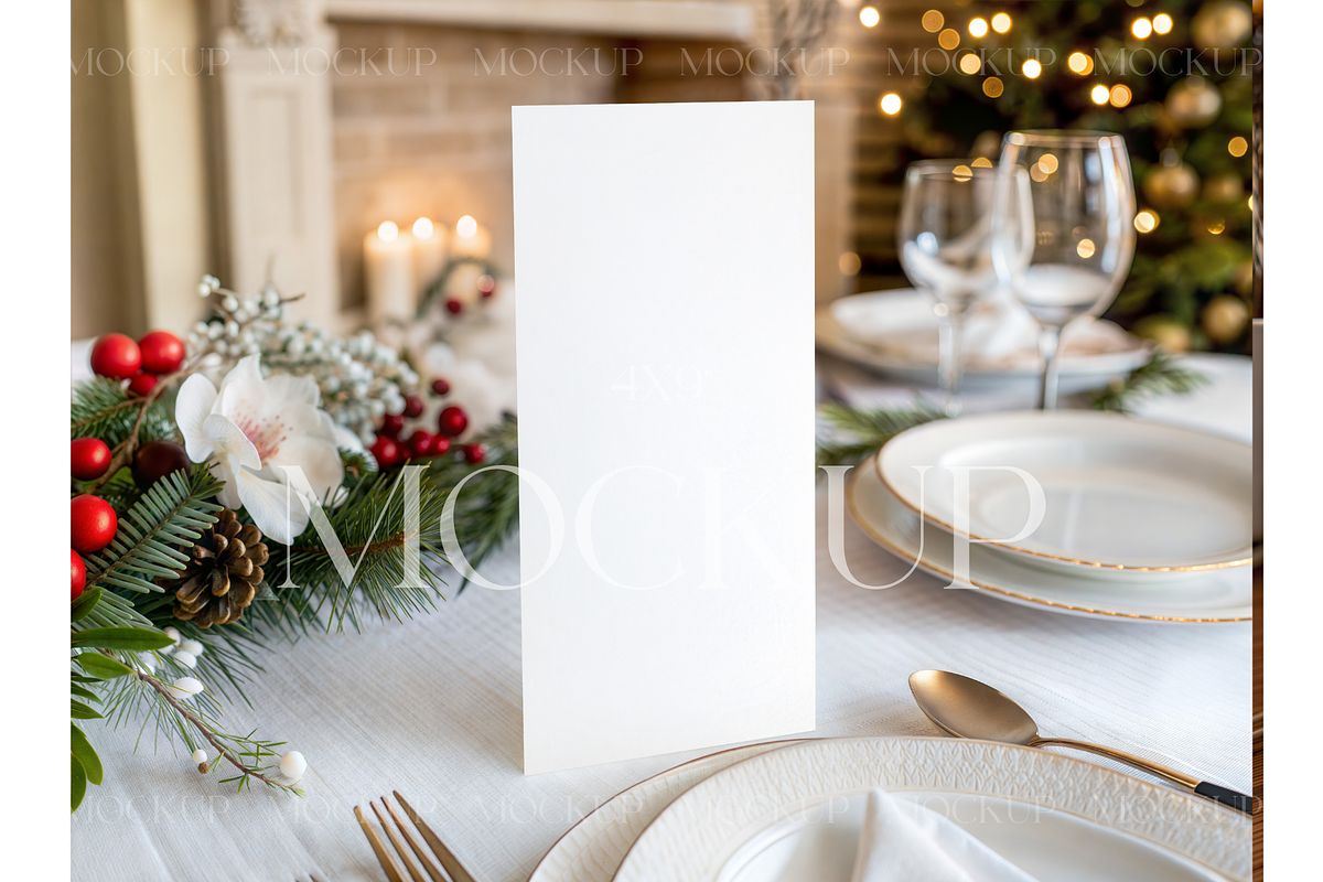4x9 Christmas Card on Festive Table, a Product Mockup by MockupWizard (Photo 1 of 3)