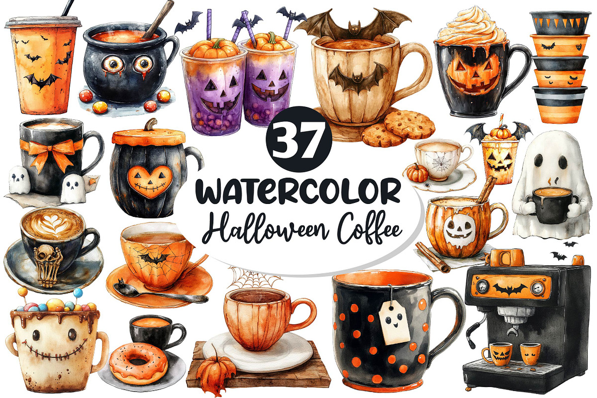 Whimsical Halloween Coffee Clipart, an Illustration by Dream Creation (Photo 1 of 7)