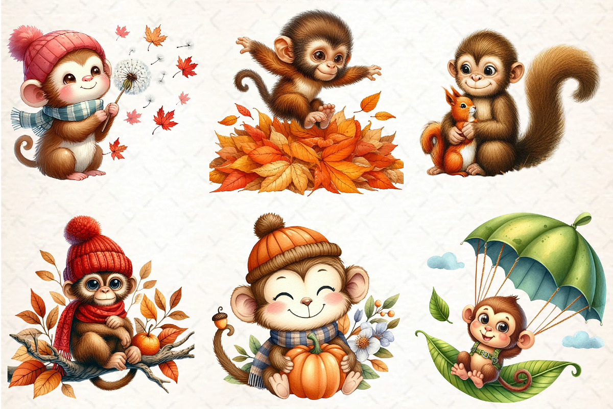 Cute Autumn Monkey Sublimation, an Illustration by DreamCafeArt (Photo 2 of 4)