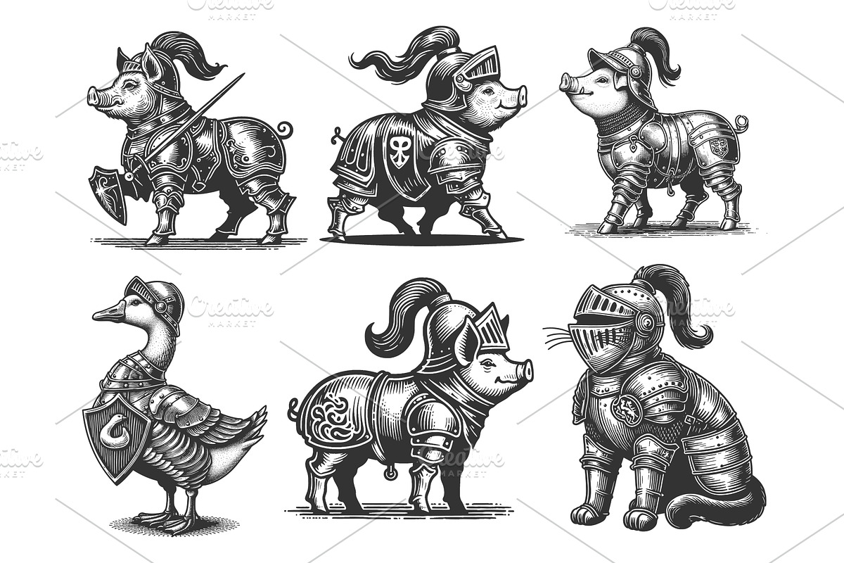 Farm Animals in Knight Armor, an Animal Illustration by AlexArt