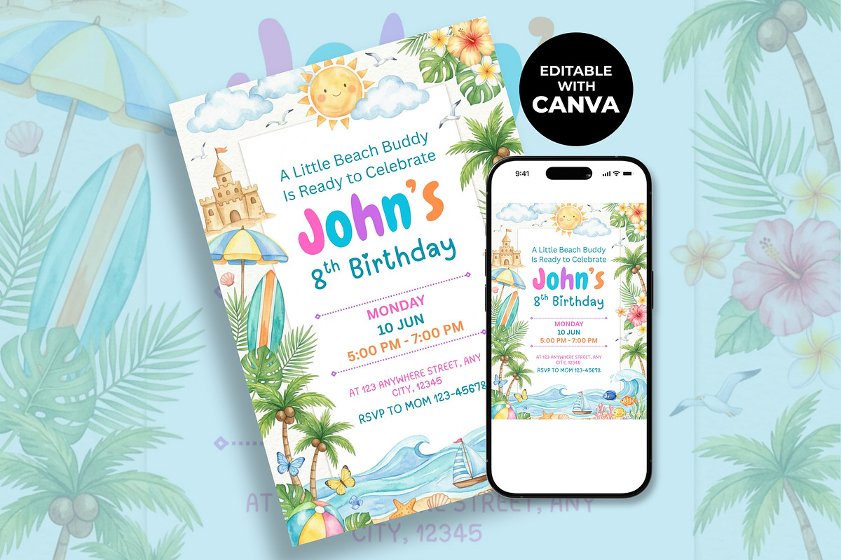 Beach Birthday Invitation, an Invitation Template by M9 Design (Photo 2 of 4)